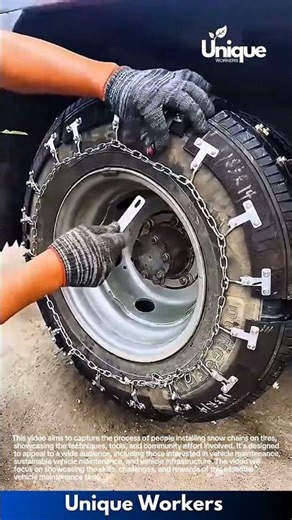 Installing Tire Snow Chains: Man Secures Heavy-Duty Chains on Vehicle Wheel