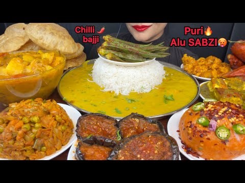 ASMR EATING PURI,ALU SABZI,DAL,BARTHA,CHILLI BAJJI