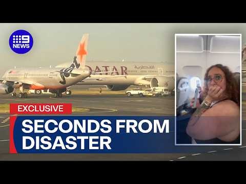 Passengers left shaken after near-miss between planes at Sydney Airport | 9 News Australia