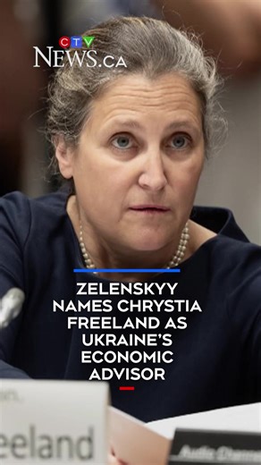Ukrainian President Volodymyr Zelenskyy has appointed former federal minister Chrystia Freeland as an adviser on economic development. Freeland has long expressed her support for Ukraine amid its war with Russia. She has said the country could become an economic juggernaut by taking up the opportunities it missed after the collapse of the Soviet Union. In a post on social media Monday, Zelenskyy said Ukraine needs to strengthen what he called its “internal resilience.” “Chrystia is highly skille