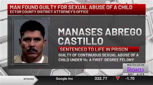 Illegal alien Manases Abrego Castillo sentenced to life in prison for the continuous sexual abuse of a 10-year-old girl.The victim was the daughter of his girlfriendCastillo, who had an active ICE hold, now faces permanent removal