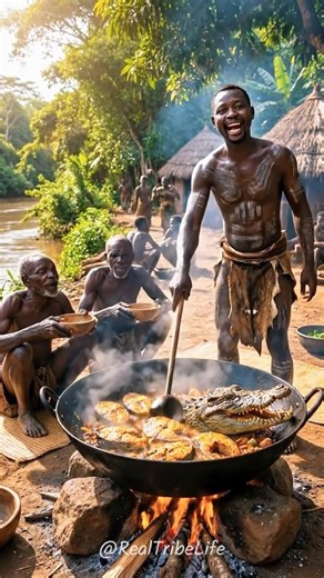 Suri Tribe Feast: Crocodile Stew! 🐊🍲 #triballife #tribalfood #shorts
