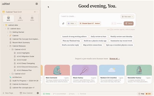 Cabinet is out of beta, we’re releasing on time 🎂🎶your Knowledge Base + AI team, all in one. Automate tasks, fix code, write content, and plan your life all in one place. Free. Open source. Bring your own AI.The new Cabinet is here. Mac version tomorrow. https://t.co/AdFsg7trqlfor the people who are still alive:npx run cabinetai