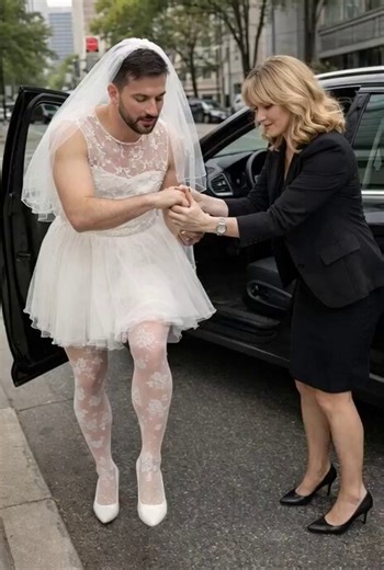 After the wife dressed her husband in her short wedding dress, she helped him get out of the car, covered his face with a transparent veil, and then helped him down the stairs to go to the girls' party. @DenizSenCd1 @MeTights @sissy_mikki @Sissymaidfslave @Jaye75116793