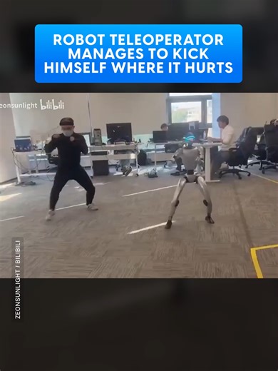 A viral clip shows Unitree’s G1 robot flawlessly mirroring martial arts moves—until one kick lands painfully on the teleoperator. Video: zeonsunlight / Bilibili #robotics#robot#technology#technews