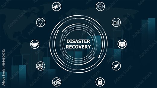 Disaster recovery concept. Restoring critical systems and data, backup and restoration procedures,proactive planning to mitigate risks and protect against potential,icon background animation.4k video
