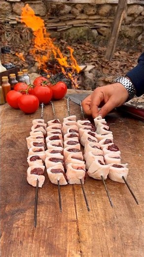 Liver Skewers on Fire 🔥🍖 #wildfire #naturecooking 🔥
