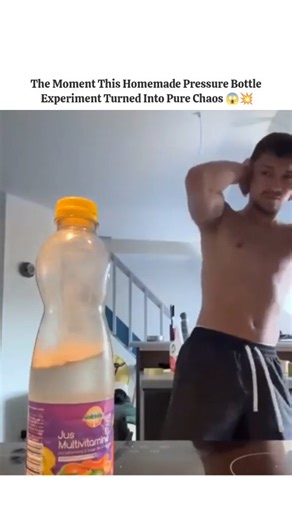 Blue Horizon on Instagram: "The Pure Chaos Of A Homemade Bottle Pressure Explosion Gone Wrong 🤯🔥 #Shorts #Experiment #Viral #BottleExplosion #PressureExperiment ScienceFail ViralShorts Unexpected HighPressure reflexcs2_ TrendingNow MindBlowing ​This short video captures a high-energy and risky DIY experiment where a young man attempts to create a pressure-based explosion using a plastic bottle. Standing in a kitchen he uses a lighter to heat the top of a bottle filled with liquid and air. With