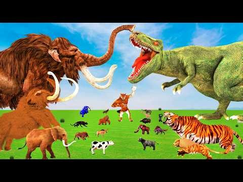 Mammoth Elephant vs Dinosaur vs Giant Lion Tiger Wolf Fight Cow Calf Saved By Mammoth Elephant