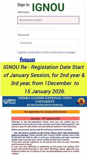 IGNOU Re-Registration For Jan 2026Session is Started🔥🔥#ignoureregistration#ignounews #notification