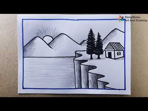 Easy Scenery Drawing with Pencil | Mountain River and House Landscape Drawing Step by Step