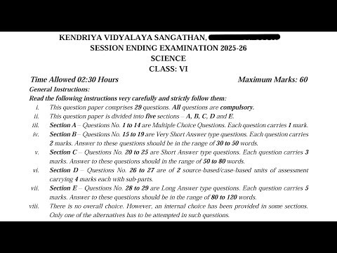 Class-6 Science (Set-2) Annual Exam 2026 Question Paper Session Ending PM SHRI KV Term2