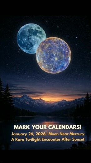🌙✨ Moon Near Mercury – January 26, 2026 On January 26, 2026, sky lovers will get a lovely sight in the evening sky: a thin waxing crescent Moon will appear close to Mercury, the closest planet to the Sun. 🕰️ Best time to watch: Look 30 to 60 minutes after your local sunset. (Mercury disappears fast, so don’t wait too long!) 📍 Where to look: ➡️ Face the western sky ➡️ Look very low near the horizon ➡️ Pick a place with a clear, open view—like rooftops, beaches, or open fields 🔭 What you may s