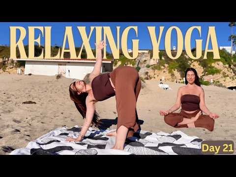 15 Min Relaxing Beach Yoga Flow | Gentle Full Body Stretch by the Ocean | Day 21 of 30