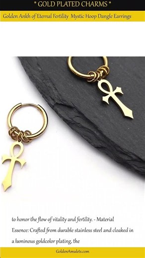 Golden Ankh of Eternal Fertility Mystic Hoop Dangle Earrings