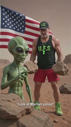 A unidentified fit senior (Coach Burke) is spotted on Mars planting an American flag.