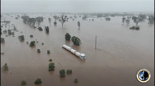 Incredible drone footage captured today highlights the extent of major flooding around Clermont, Queensland. The vision shows a road train stranded in floodwaters at Pink Lilly Crossing on the Gregory Highway near Clermont. It is understood the driver was safely rescued by a local helicopter pilot. Footage supplied by HSC followers Errol and Ruth. | Higgins Storm Chasing