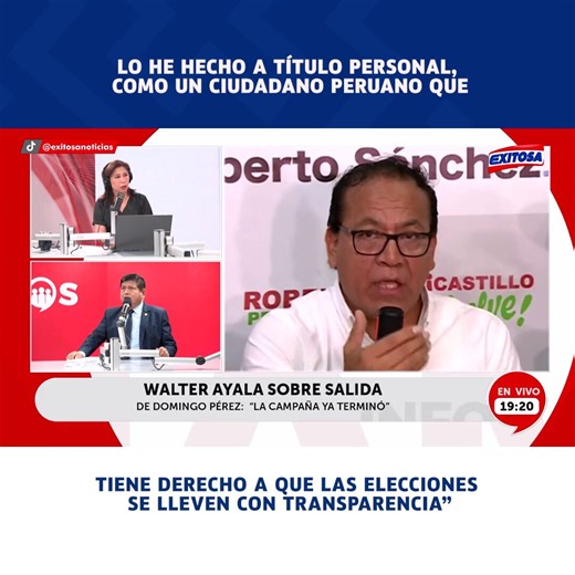 🔴🔵#InformamosYOpinamos 🗯️🗯️ | En entrevista para Exitosa, el abogado y vocero de Juntos por el Perú, Walter Ayala, señaló que la acción de amparo presentada contra la Resolución Jefatural N.° 90-2026-JN/ONPE, que regula actividades electorales en el extranjero, lo hizo a título personal y no al del partido. Indicó que la interna lo conoció por las noticias y su motivación fue la de un ciudadano que vela por la transparencia del proceso.📻 95.5 FM📡 6.1 señal digital abierta📺 Movistar: 34 SD
