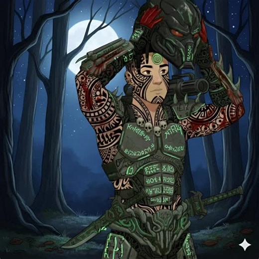 Junbert Bacaltos on Instagram: "Spiral predator mark on the forehead, Filipino tattoos, (Mimmick) Filipino baybayin letters on the armour. It's primal, tribal, tactical. They synchronize so well together. . #alienvspredator #filipinomartialarts #yautja"