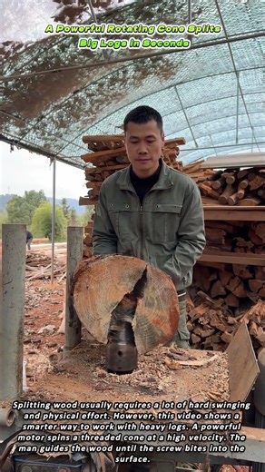 A Powerful Rotating Cone Splits Big Logs in Seconds