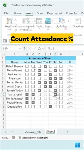 Attendance Tracker in Excel (Checkbox + COUNTIF Formula)