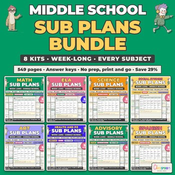 Middle School Sub Plans Bundle, 8 Week Long Emergency Sub Plans Kits, No Prep