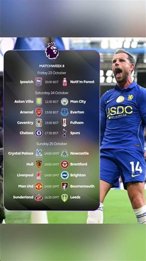 Premier League ⚽🔥🩵✨ Match week 8 schedule #premierleague