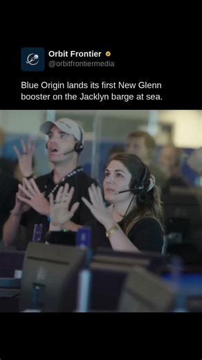 Blue Origin lands its first New Glenn booster on the Jacklyn barge at sea.