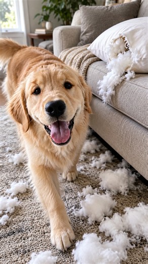 Golden retriever pretends nothing happened