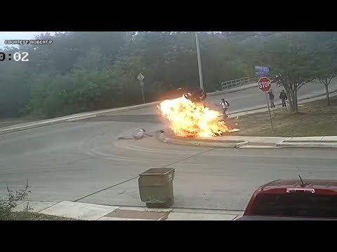Motorcycle crash sparks explosion near children, rider survives