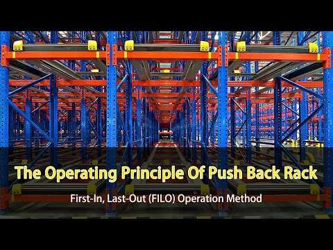 How does a push-back rack store and retrieve goods?