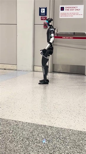 Humanoid Robot Benji Walks Through Airport Terminal