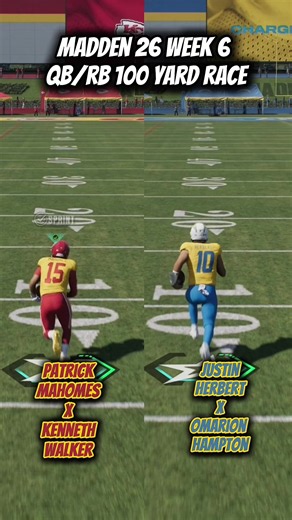 Madden 26 Week 6 QB/RB 100-Yard Race! Patrick Mahomes & Kenneth Walker vs. Justin Herbert & Omarion Hampton! Two explosive duos racing to 100 yards, but which team has the speed to take it? Who are you picking to win, Chiefs or Chargers? And which player is carrying their team? #madden #madden27