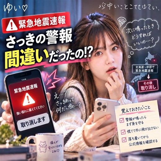 ゆい on X: "「緊急地震速報が間違いだったら、次は信じていいの…？」 スマホから突然、あの警報音。 ドキッとして画面を見て、 家族は大丈夫かな、どこに逃げようかなって、 一瞬でいろんなことを考えるよね。 でも、そのあとに「取り消します」と言われたら…。 ほっとする気持ちと同時に、 「じゃあ、次に鳴ったときはどうすればいいの？」 って、迷ってしまいそう🥺 実は昨日、10月16日のお昼ごろ、 そんな出来事がありました。 気象庁が千島列島付近で巨大地震が発生したと推定し、 北海道から中部地方にかけて緊急地震速報を発表。 ところが、実際には予測されたような強い揺れはなく、 速報は取り消されました。 気象庁はその後、2度目の会見で、 地震の規模を過大に推定した原因を説明しました。 遠く離れた地震に国内用の計算式を使ったこと。 そして、規模の計算と震度の予測で、 異なる震源が使われていたこと。 人為的な操作ミスではなく、 自動システムによるものだと説明しています。 でもね。 ゆいが今回いちばん気になったのは、 計算の間違いそのものよりも、 次に警報が鳴ったとき、ためらってしまう人がいないか