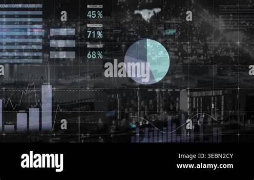 Animation of infographic interface over modern cityscape in background. Digital composite, multiple exposure, global, report, architecture, buildings, skyscrapers, abstract and business concept Stock Video Footage - Alamy