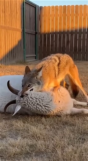 Domestic life can be peaceful, but it can also be surprisingly dangerous. Dramatic footage from a rural backyard captures the heart-pounding moment a wild coyote attacks a domestic goat, pinning it to the ground. While many would expect the encounter to end in tragedy, a brave resident hears the struggle, rushes from his home, and heroically intervenes by using a large plastic barrel to fend off the predator. The video has touched millions, showcasing the incredible lengths people will go to pro