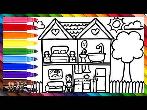 Draw and Color a Big House With A Garden 🏡🛋️🚽🛏️🌈 Drawings for Kids