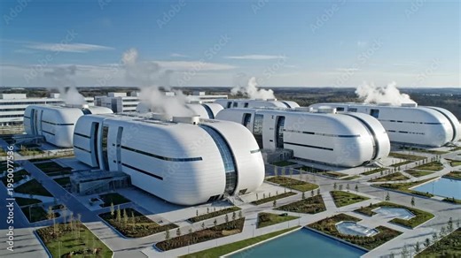 Video of next-generation nuclear energy facility featuring modular reactor futuristic exterior, clean power infrastructure concept for sustainable technology, innovation and energy transition branding