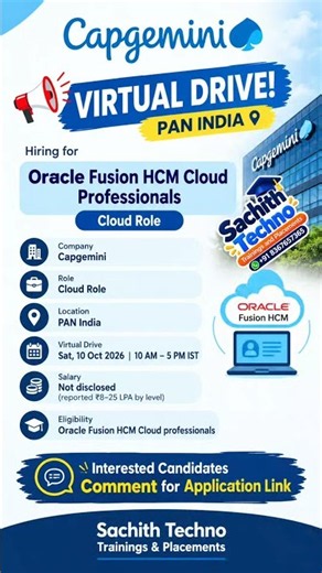 Capgemini is conducting a Virtual Drive for Oracle Fusion HCM Cloud Professionals