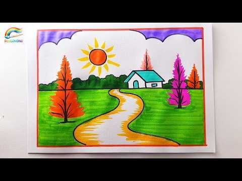 Easy Village Scenery Drawing and Coloring 🌞🏡 | Simple Nature Drawing Tutorial
