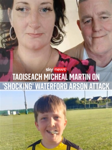 Taoiseach Micheal Martin has called the Waterford arson attack, in which four people, including two children, were killed, 'shocking'. A murder investigation has been launched. Two other children were also critically injured in the blaze and are receiving medical treatment. #Ireland #Waterford#skynews