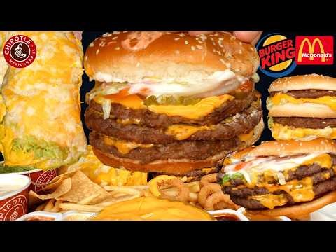 ASMR MUKBANG EXTRA GIANT BURGERS CHIPOTLE BURRITOS CRISPY CHICKEN & MCDONALDS FRIES | WITH CHEESE