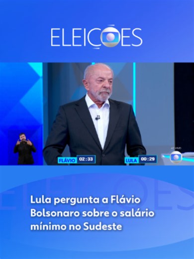 DEBATE PRESIDENCIAL - A TV Globo realiza nesta sexta-feira (23) o debate presidencial com os candidatos Luiz Inácio Lula da Silva (PT) e Flávio Bolsonaro (PL), que disputam o segundo turno das Eleições 2026. No vídeo, Lula perguntou a Flávio Bolsonaro sobre o salário mínimo na região Sudeste. Veja! O encontro é realizado ao vivo nos Estúdios Globo, no Rio de Janeiro, e mediado pelo jornalista César Tralli. A transmissão é feita pela TV Globo, com exibição simultânea pela GloboNews e pelo g1. O d