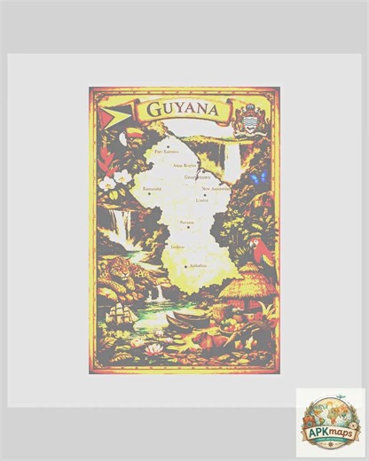 Guyana Map Matte Poster | Tropical Wildlife, Waterfalls, Toucan & Macaw