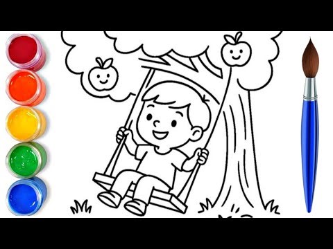 How to draw Cute Boy on Swing Drawing | easy drawing step by step for kids 