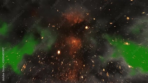 Powerful fiery explosion with smoke and sparks against a vibrant green screen for dramatic visual effects and compositing.