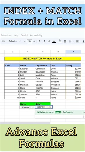 INDEX + MATCH Formula in Excel #excel #shorts #dataanlysis #exceltips #datascience #viral #like