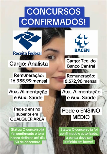 Ambos os concursos já foram autorizados e estão em fase de escolha de banca. Assim que sair aviso no perfil! O material de estudos para o concurso da receita federal ou para o concurso do BACEN, está no link da bio! #fypviral #concurso #bacen #receitafederal