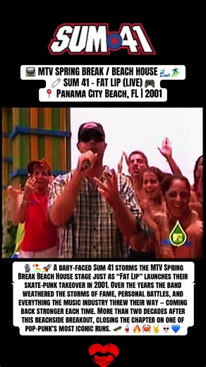 🏝️🌸🛹 Sum 41 ~ Fat Lip 👄🔥💀 📼 MTV SPRING BREAK ERA. Before the arena tours and platinum records, Sum 41 exploded onto the scene with “Fat Lip,” a track that helped ignite the early-2000s pop-punk takeover. The band brought raw skate-punk chaos to MTV, turning beach stages and festival crowds into absolute mayhem. More than two decades later, the legacy still hits the same and loud, rebellious, and unforgettable. ⚡🧷🔥💙 #sum41 #mtv #2001 #punk #beach 🌸🏖️🌊🏄‍♂️🤘🎸🎧💀⚡️