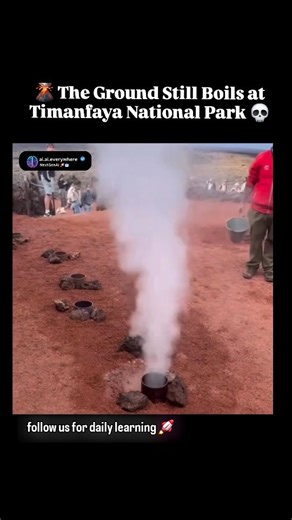 NextGenAI 🚀🤖 on Instagram: "🌋 The Ground Still Boils at Timanfaya National Park At Timanfaya in Lanzarote, guides pour water into narrow holes in the volcanic ground—and within seconds, it explodes back out as steam 💨🔥. No tricks, no chemicals. Just raw geothermal power. Beneath the surface, volcanic rock is still scorching hot, even centuries after the last eruption. When water reaches these layers, it flashes instantly into steam, expanding violently and forcing its way back up. This simp